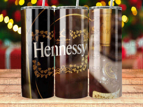 Hennessy tumbler with gold floral accents and metallic sheen.