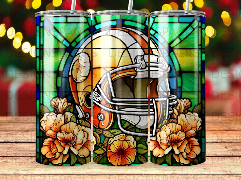 Stained glass helmet with orange flowers.
