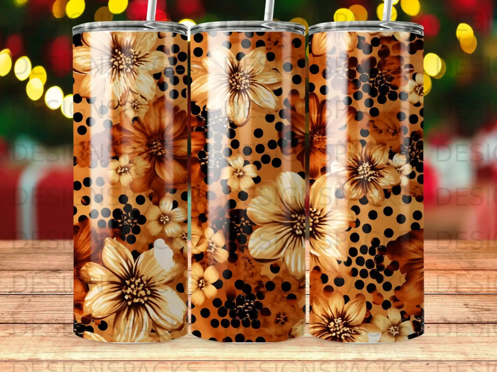 Tumbler with a brown floral and black polka dot pattern.
