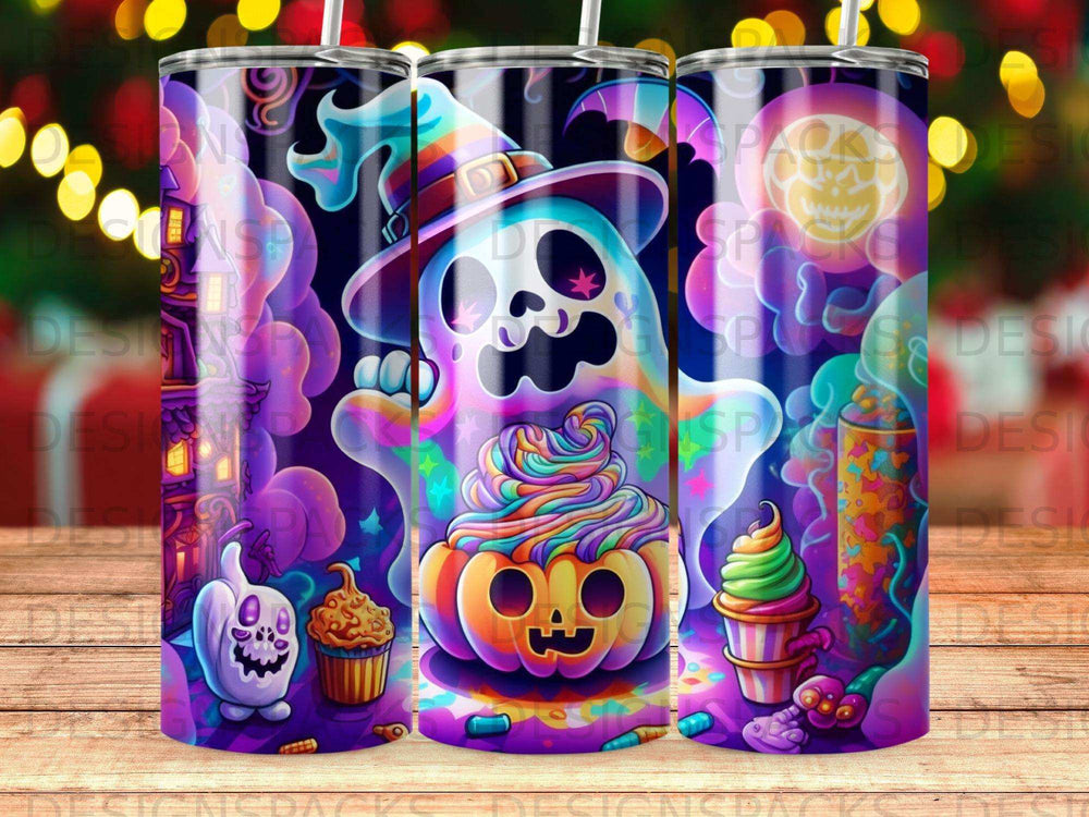 Halloween ghost, pumpkin, and cupcakes with a colorful, whimsical design.