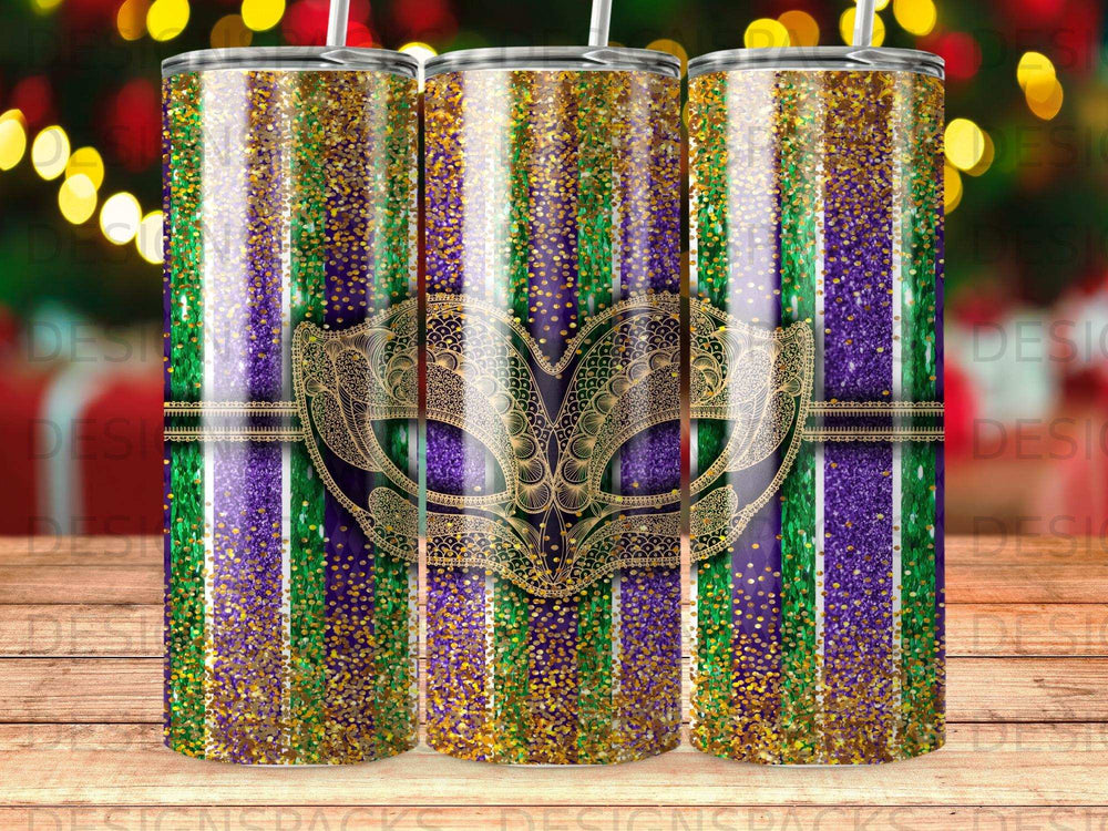 Mardi Gras tumbler with mask and purple, green, gold glitter stripes.