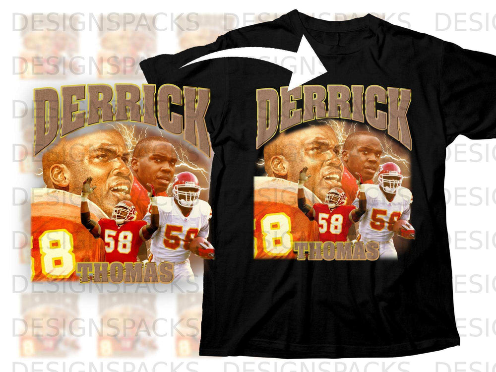 Derrick Thomas with "Derrick Thomas" text above, wearing number 58.