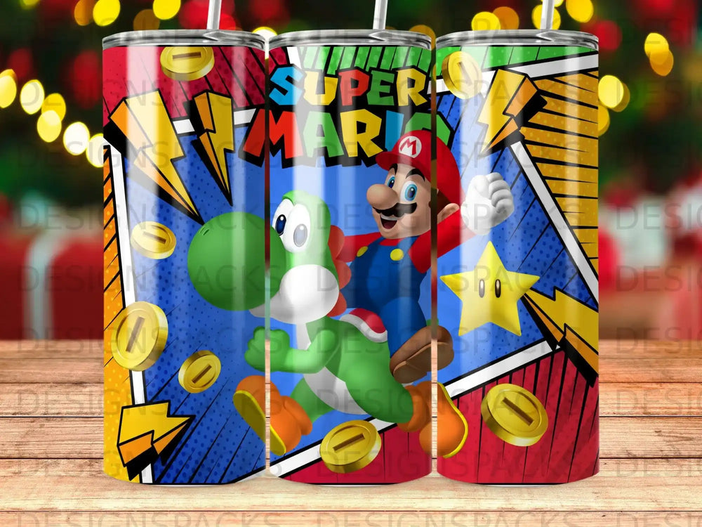 Mario and Yoshi jump in front of Super Mario Bros. comic book art.