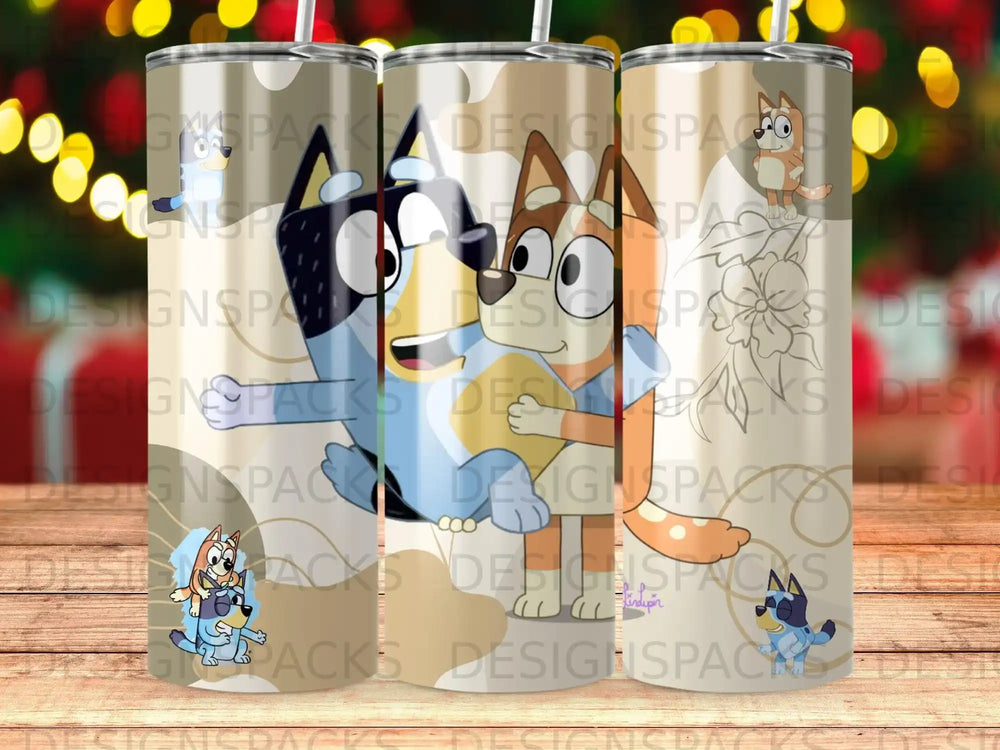 Bluey and Bingo characters on a patterned tumbler.