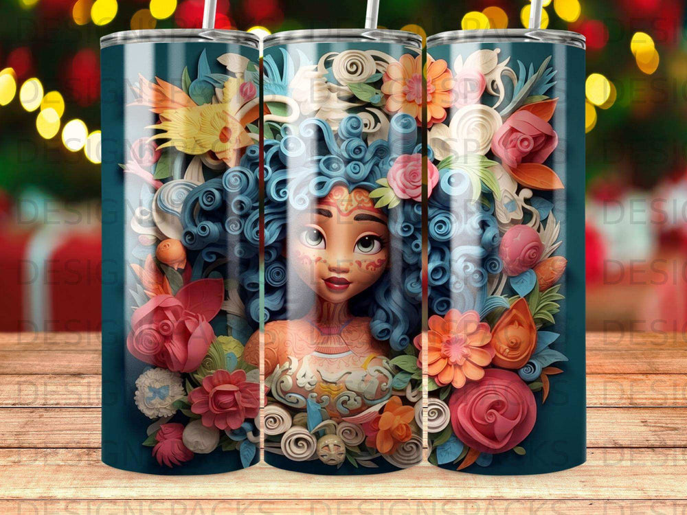 Cartoon woman with blue curly hair surrounded by flowers and birds.
