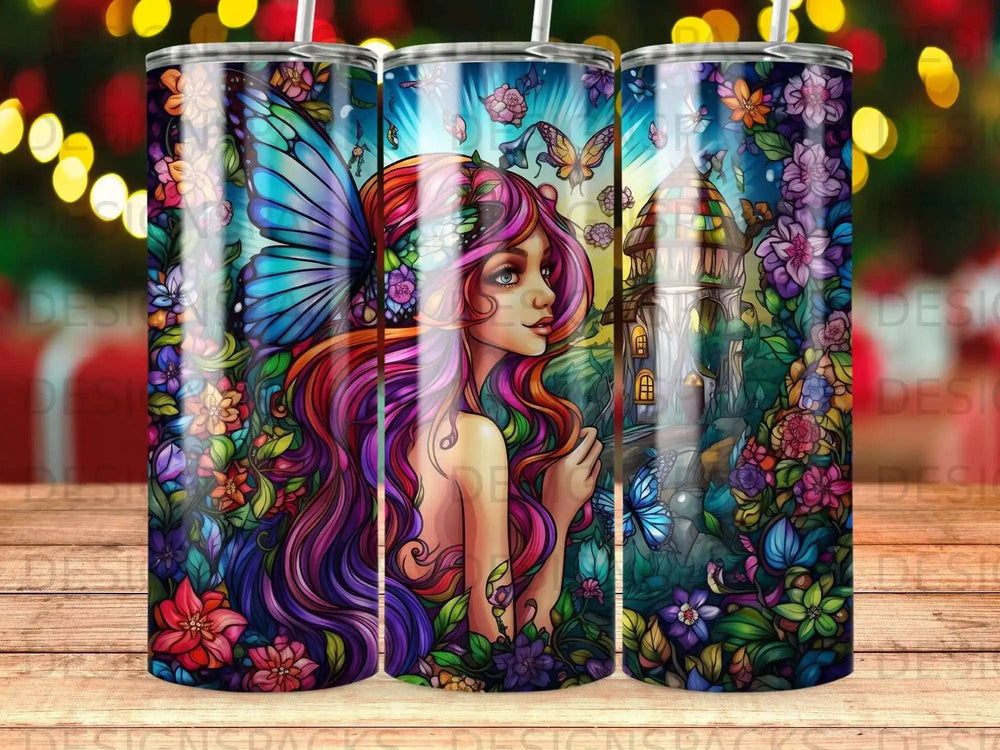 Fantasy artwork of a woman with colorful hair and butterfly wings among flowers.