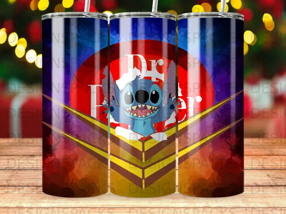 Blue Stitch character with "Dr. Pepper" logo on a striped tumbler.