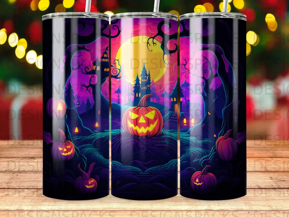 Halloween scene with pumpkins and haunted castle on a tumbler.