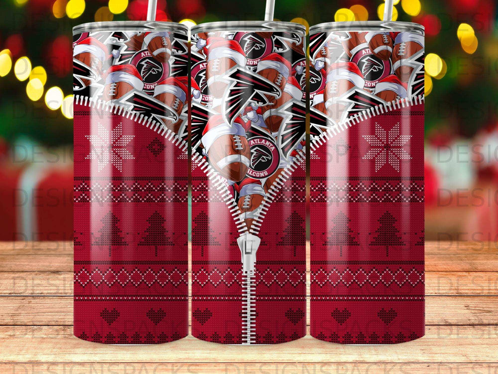 Atlanta Falcons tumbler with a zipper design and Christmas tree pattern.