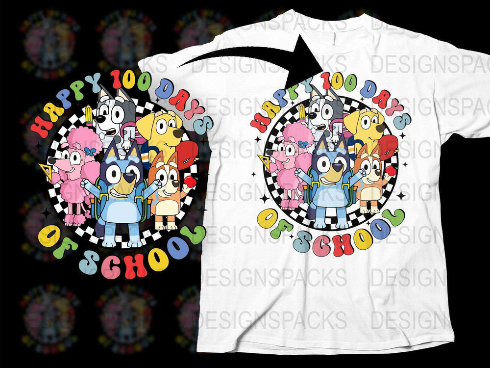 Happy 100 Days of School T-Shirt, Colorful Cartoon Characters Celebration, Kids' School Milestone Tee