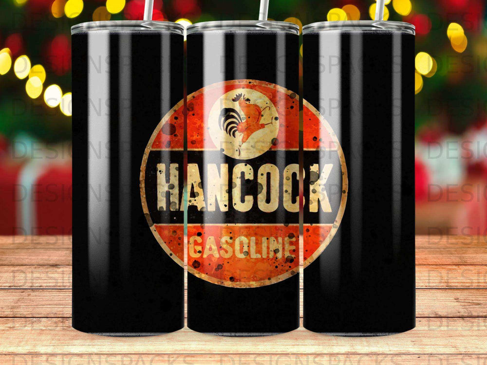 Black tumbler with Hancock Gasoline logo featuring a rooster and vintage text.