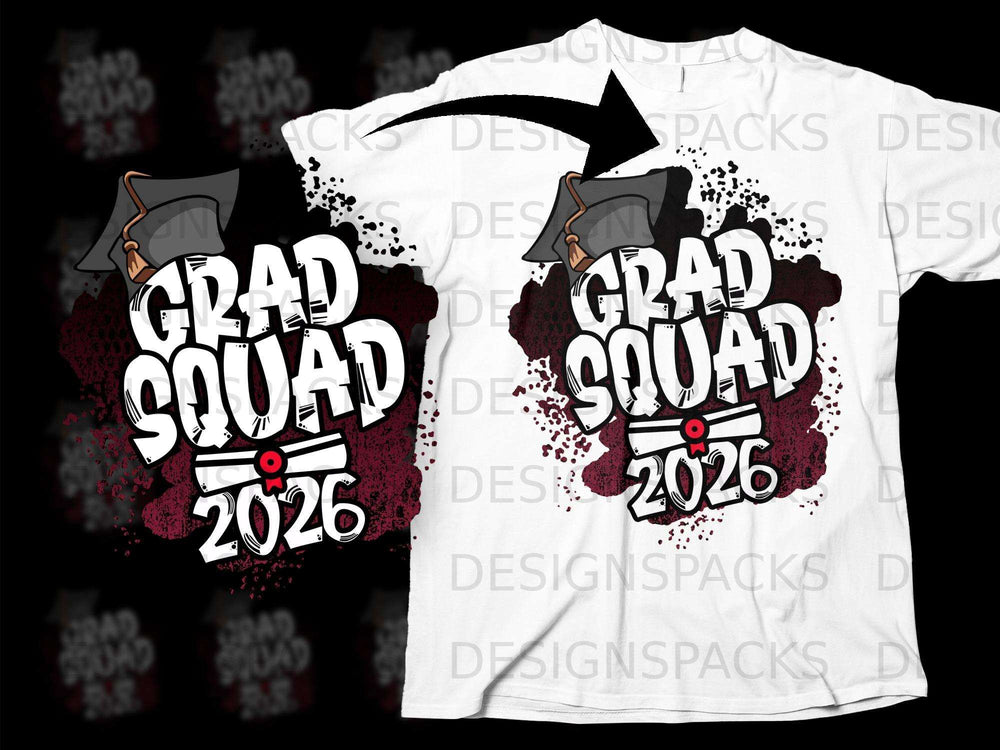 White t-shirt graphic with "GRAD SQUAD 2026" in bold lettering and a graduation cap.