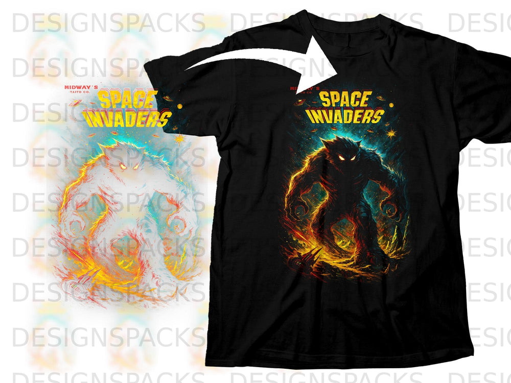 Black t-shirt featuring Space Invaders logo with a monster and spacecraft.