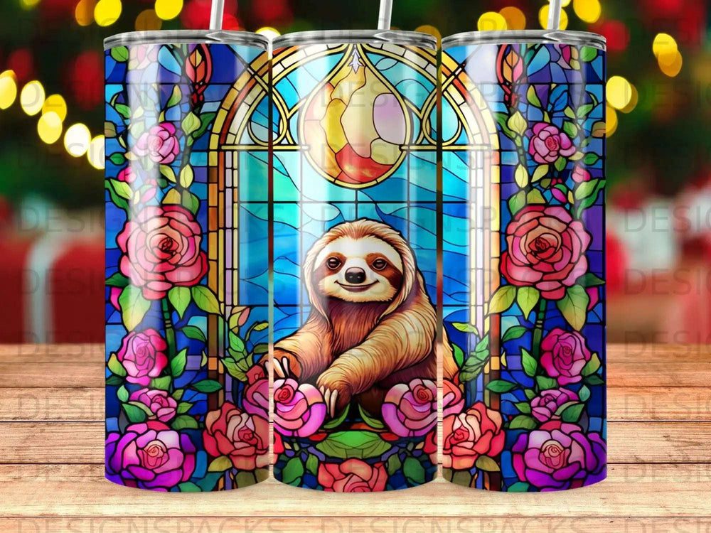 Sloth in stained glass window surrounded by roses.