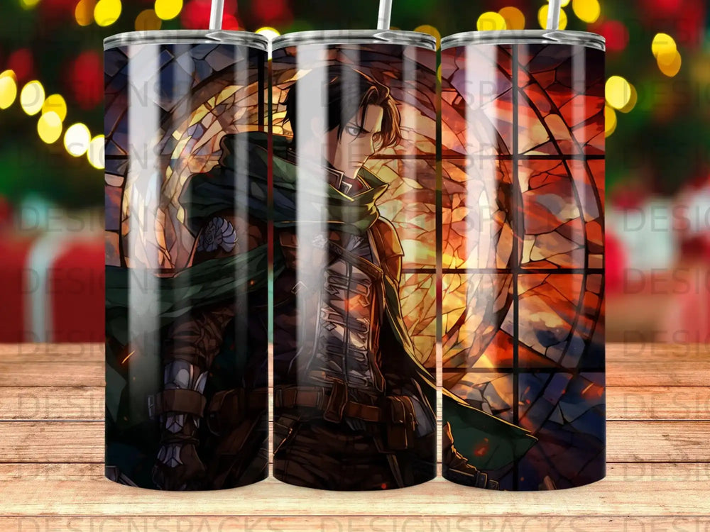 Anime character with green cape and sword against stained glass background.