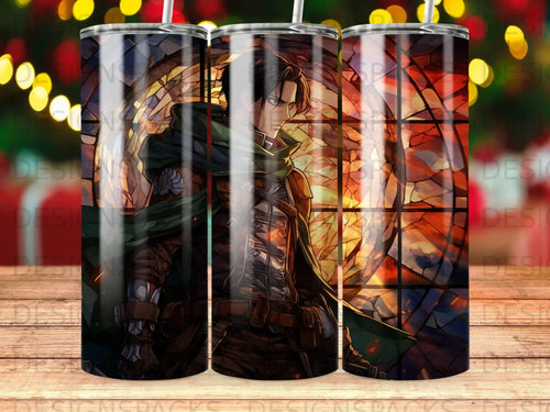 Anime character with green cape and sword against stained glass background.