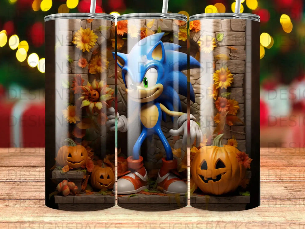 Sonic the Hedgehog with pumpkins and fall flowers on a tumbler.
