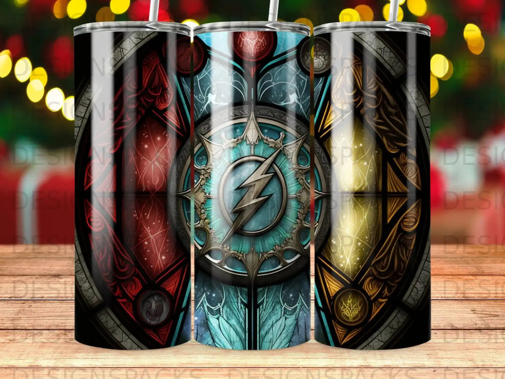 Three stylized tumblers featuring a glowing lightning bolt emblem and stained-glass patterns.