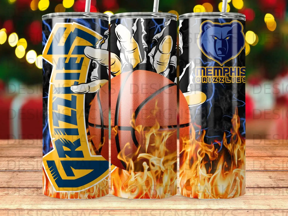 Memphis Grizzlies logo with basketball and flames on a tumbler.