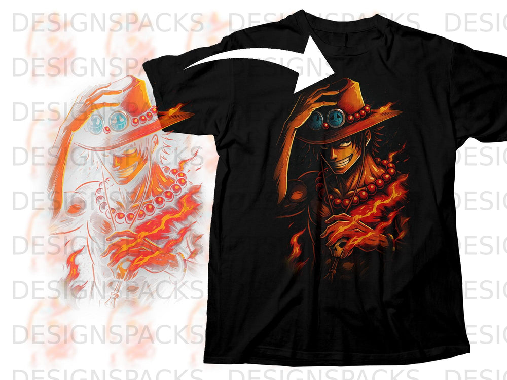 Black t-shirt with an illustration of Portgas D. Ace wearing a hat and surrounded by flames.