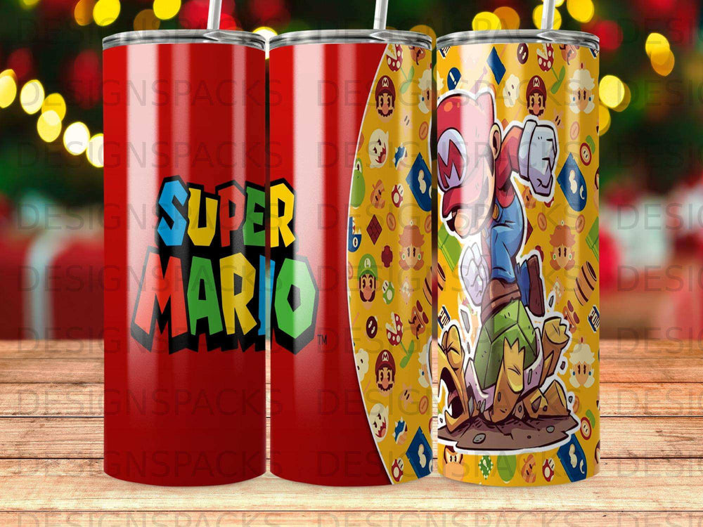 Super Mario characters on a red and patterned tumbler wrap.