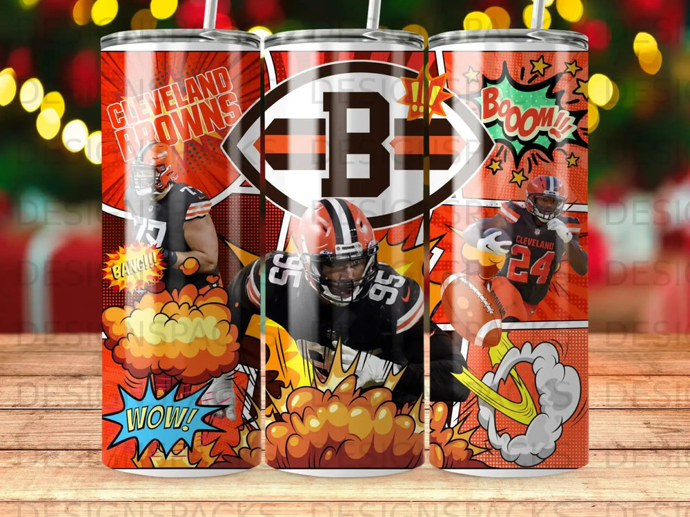 Cleveland Browns football player with "B" logo and comic book explosion graphics.