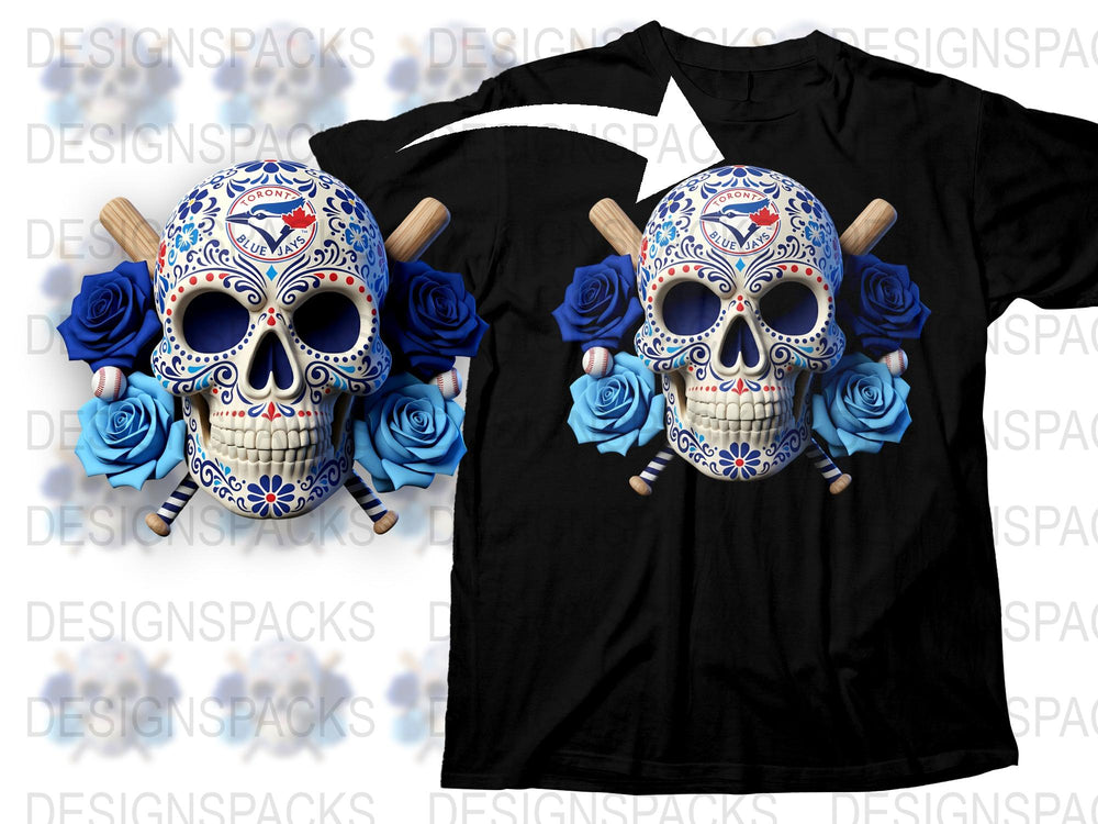 Sugar Skull T-Shirt, Day of the Dead Floral Skull Tee, Blue Roses Graphic Shirt, Mexican Dia de los Muertos Top