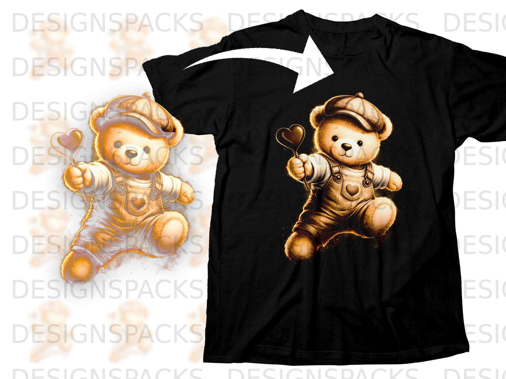 Cute teddy bear wearing overalls and cap holding heart lollipop, printed on black t-shirt.