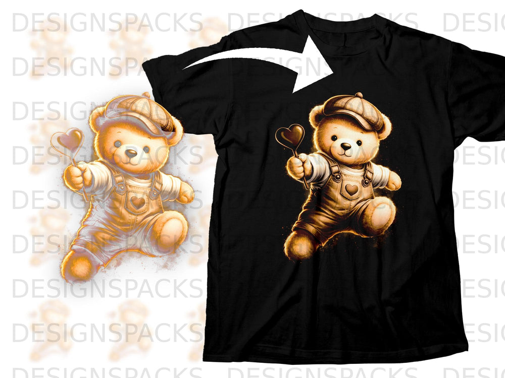 Cute teddy bear wearing overalls and cap holding heart lollipop, printed on black t-shirt.