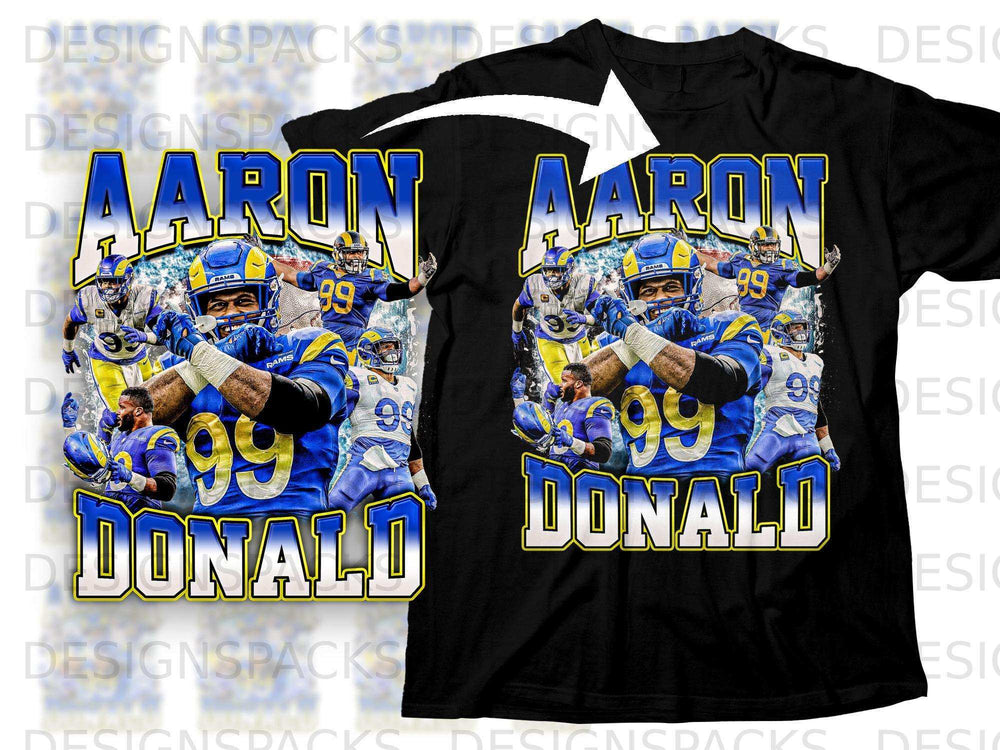Aaron Donald Rams jersey with text and player graphics.