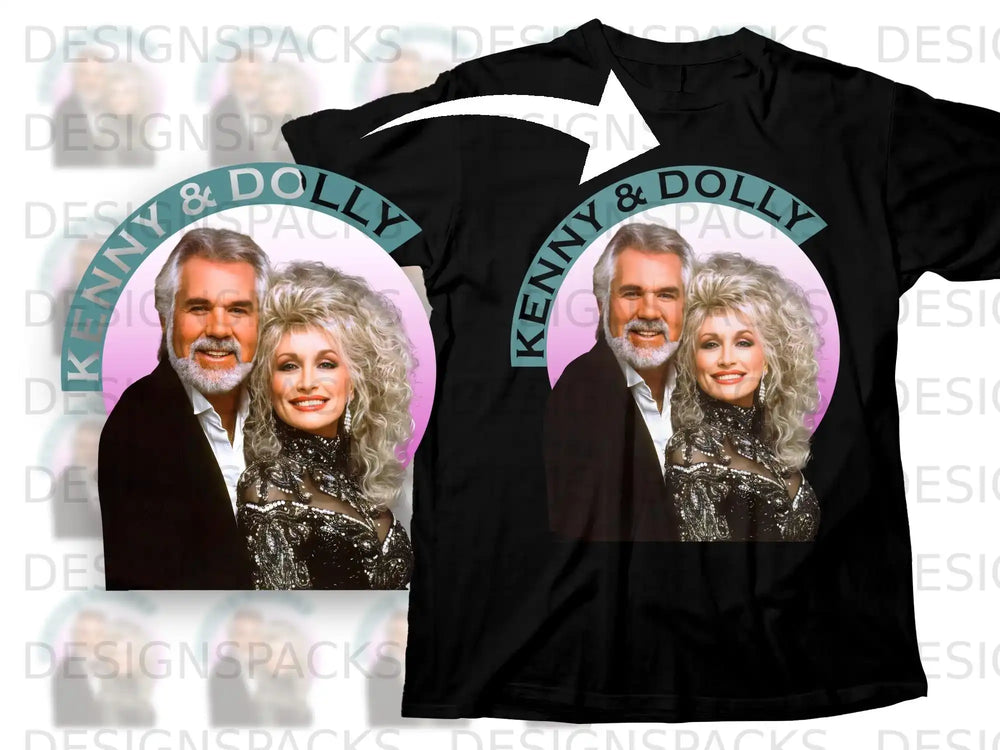 Black t-shirt featuring Kenny Rogers and Dolly Parton portrait with text "KENNY & DOLLY".