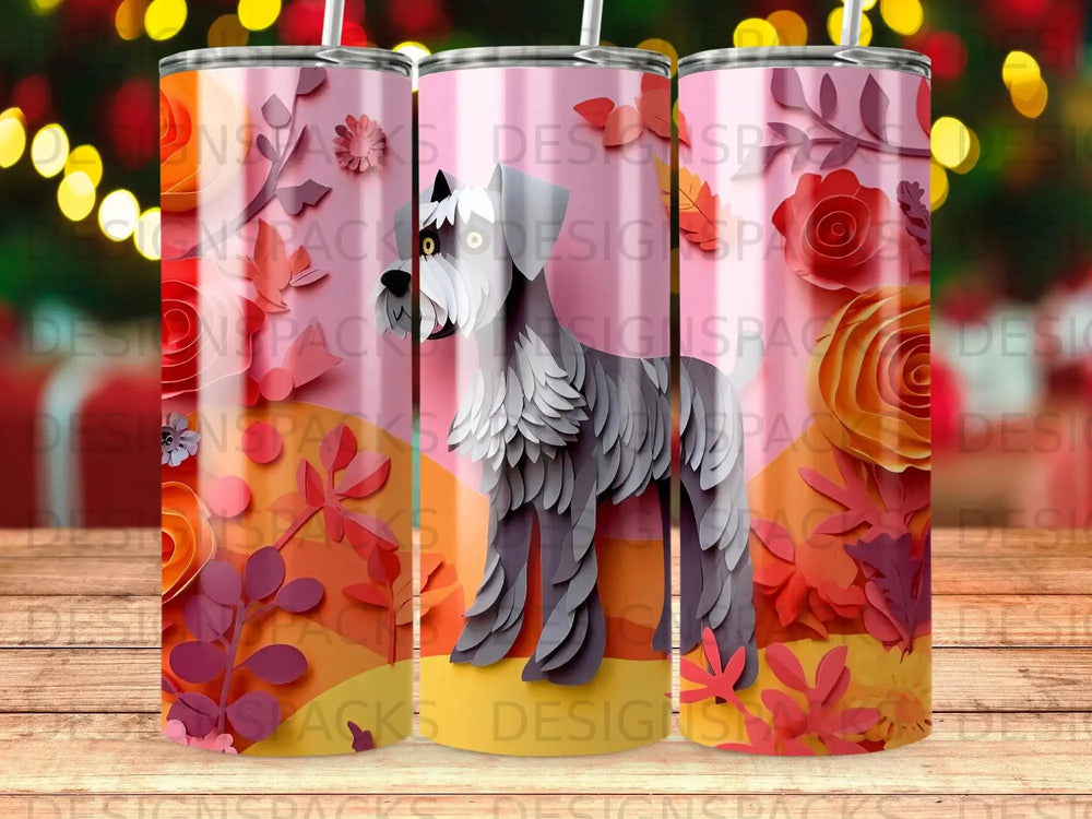 Schnauzer dog and fall leaves on a pink gradient tumbler.