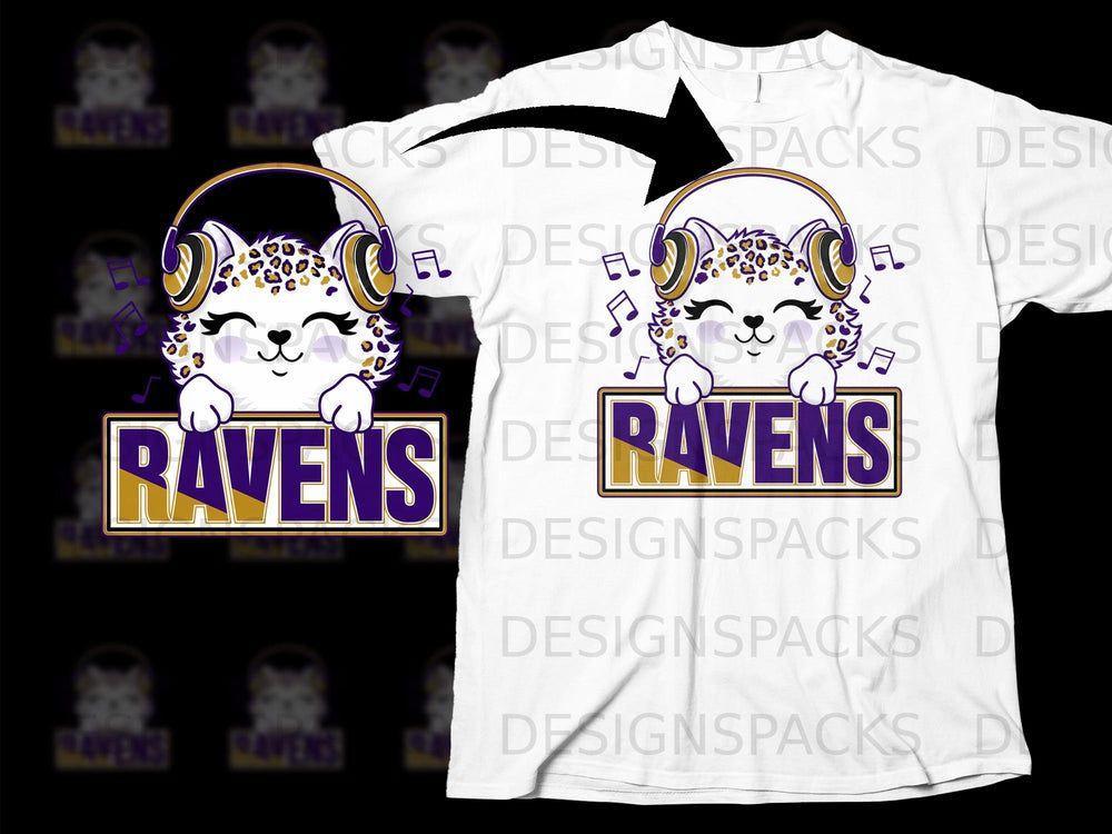 Cartoon cheetah with headphones holding "Ravens" sign, with music notes.