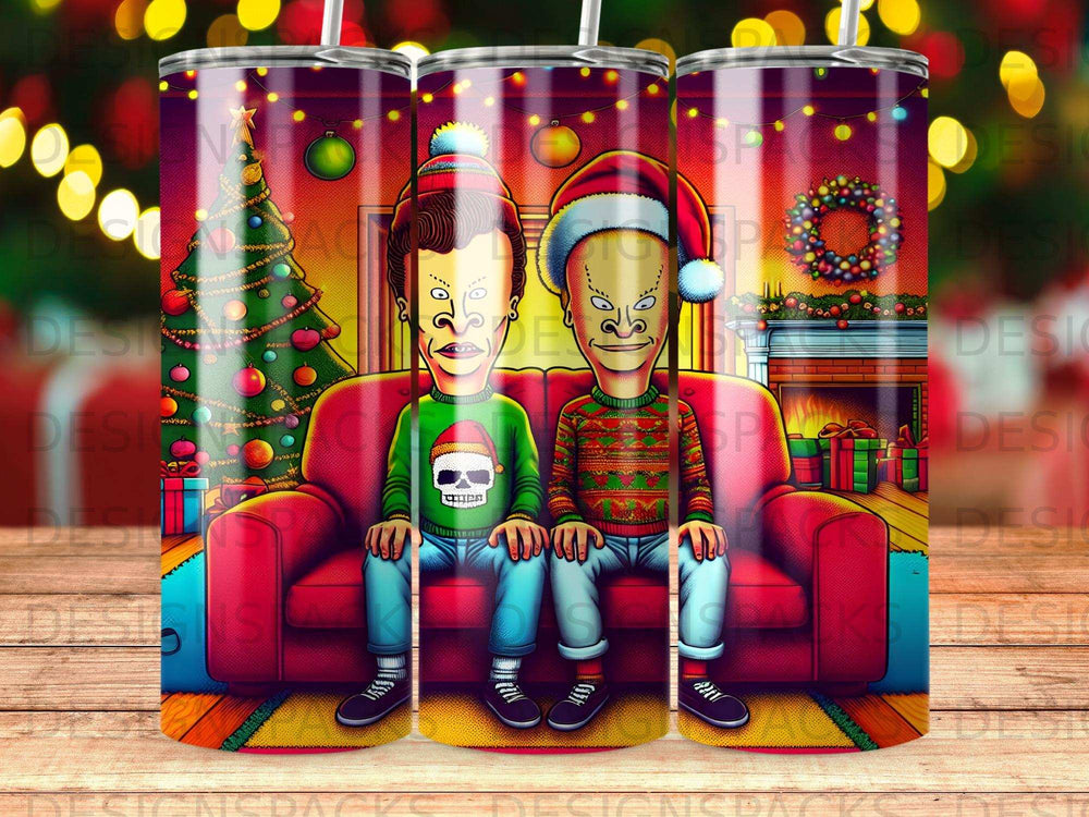 Beavis and Butt-Head wear Christmas hats and sweaters on a red sofa.