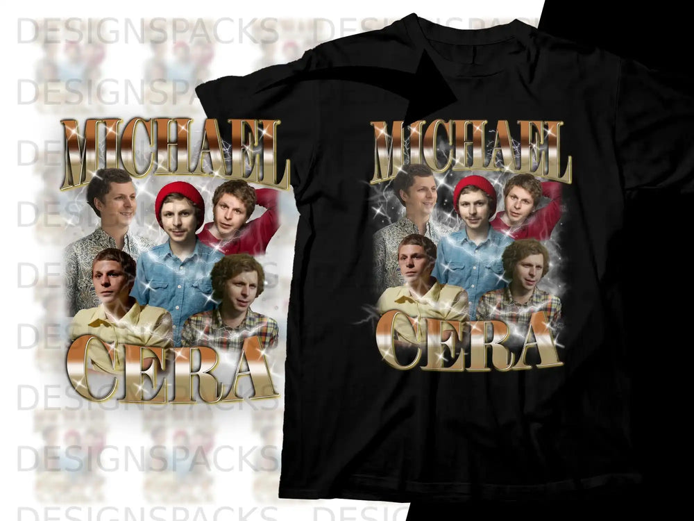 T-shirt with a collage of Michael Cera photos and his name.