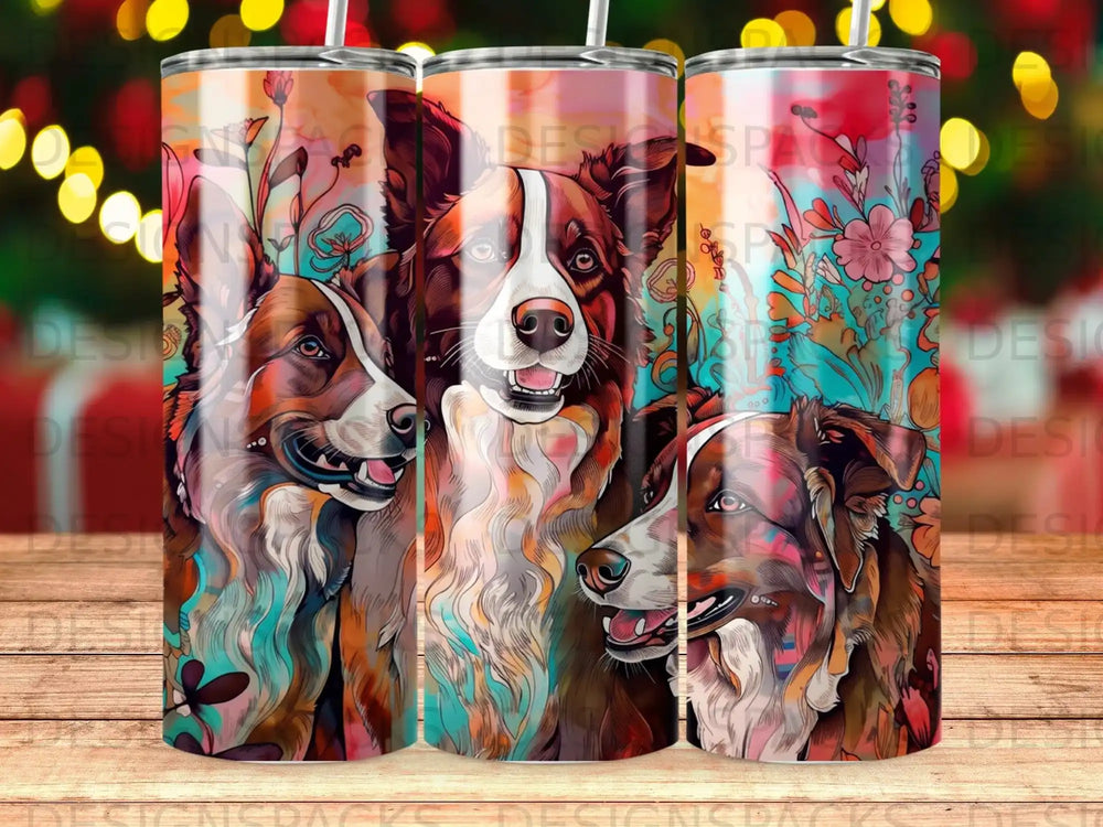 Three border collies on a colorful, floral tumbler.