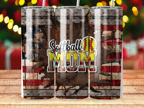 Softball Mom tumbler with distressed American flag and wood grain design.