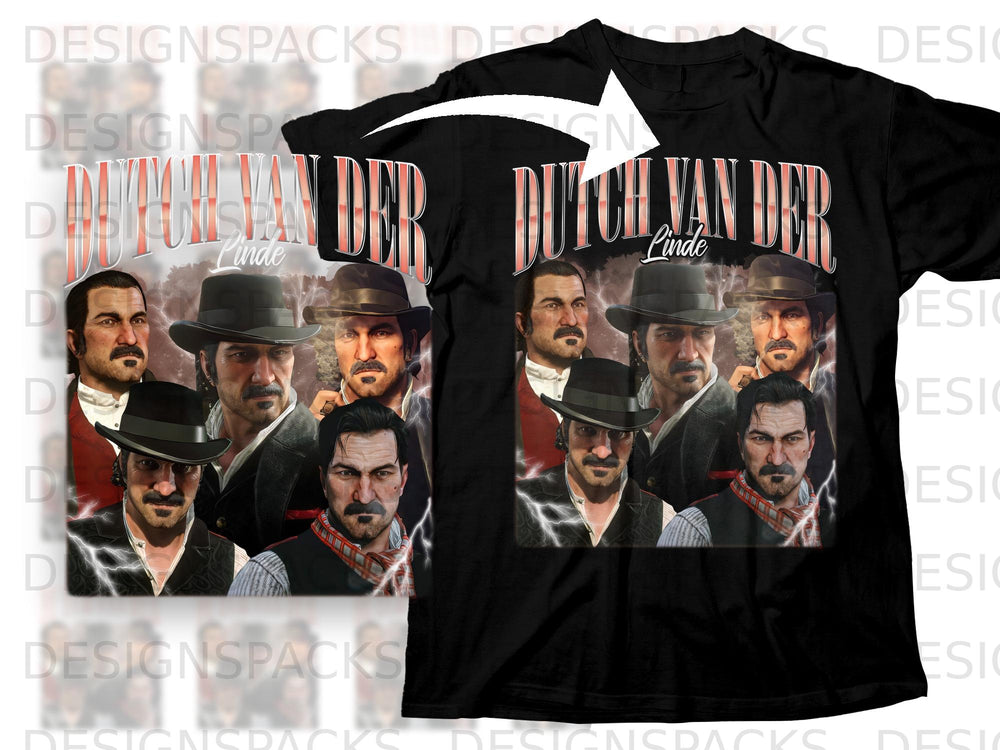 Black t-shirt featuring "DUTCH VAN DER LINDE" text and character portraits.
