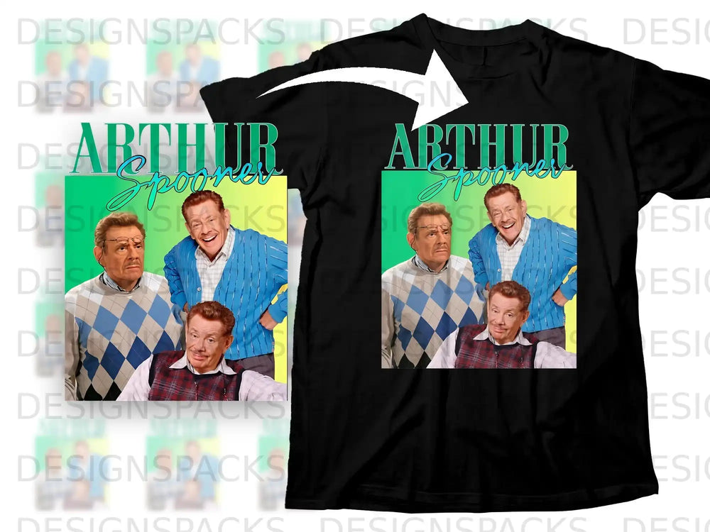 Arthur Spooner graphic on a black t-shirt.