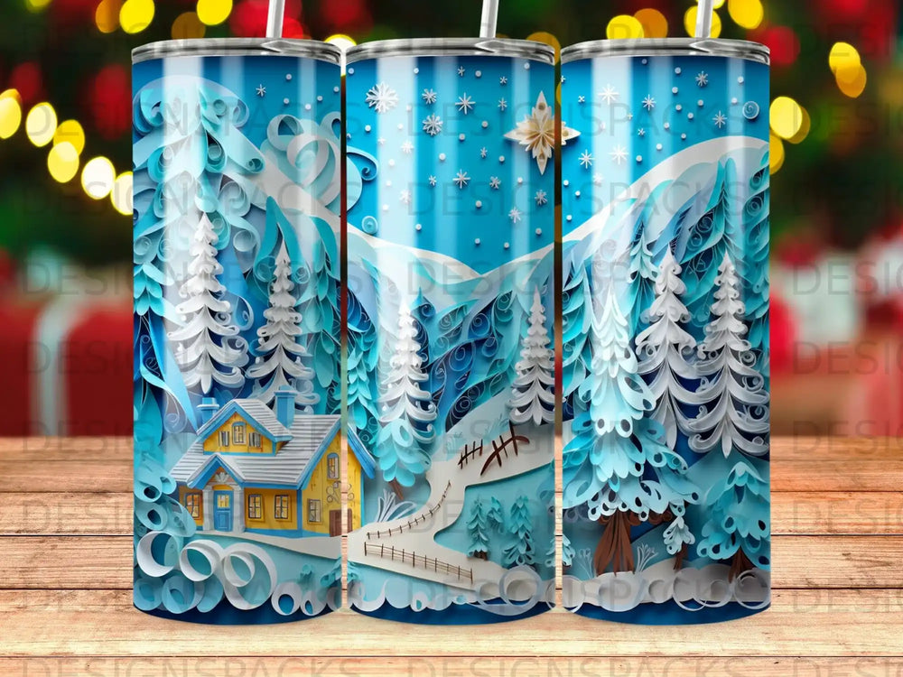 Winter village scene with layered paper trees and yellow house.