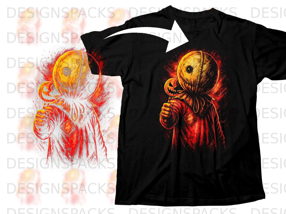Black t-shirt with a graphic of Sam from Trick 'r Treat holding a candy.