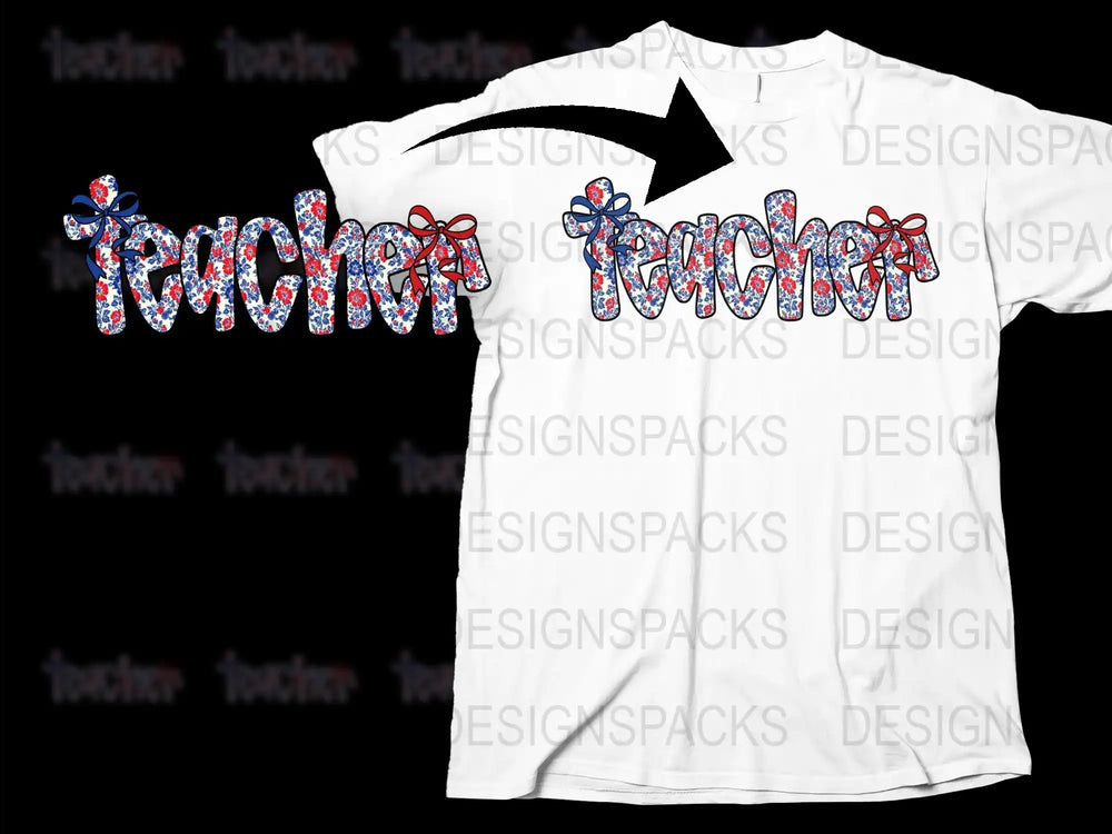 Teacher Appreciation T-Shirt, Floral Pattern, Red Bow Design, Unisex White Tee for Educators