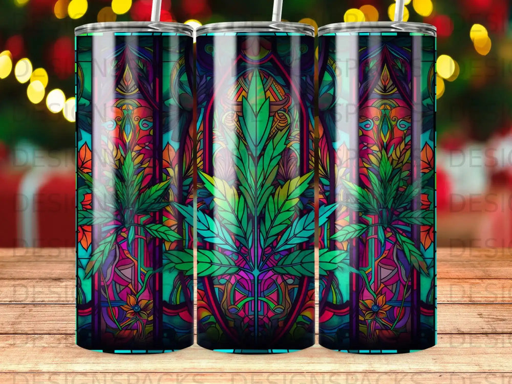 Colorful stained glass pattern with a prominent cannabis leaf.