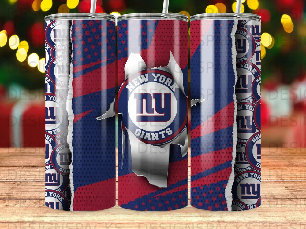 New York Giants logo on a torn-open blue and red striped tumbler.