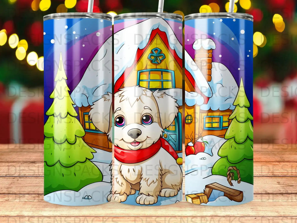 Cartoon puppy in scarf with winter house and trees.