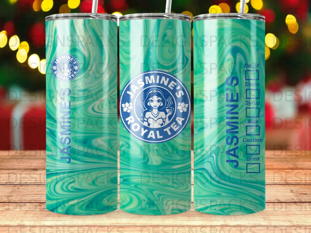 Three tumblers with Jasmine's Royal Tea logo and swirling teal green design.