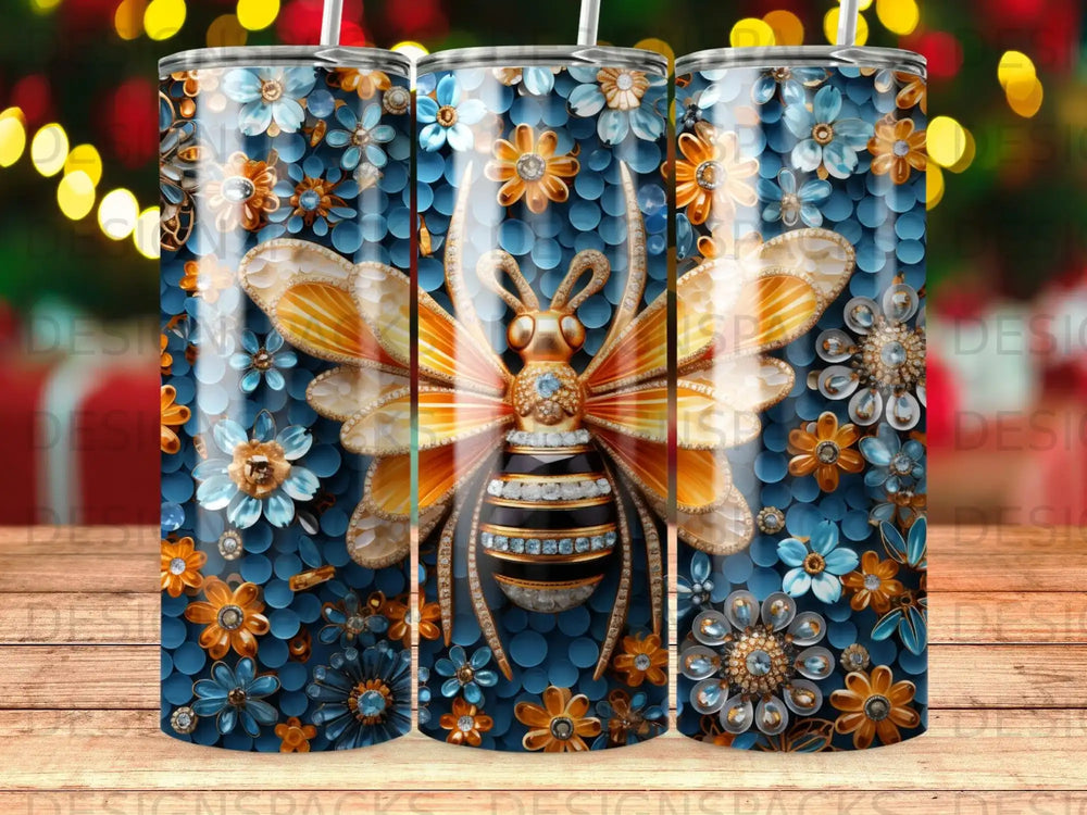 Bee on textured background with blue and orange floral embellishments.