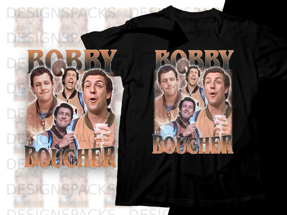 Black t-shirt featuring Adam Sandler as Bobby Boucher from The Waterboy.