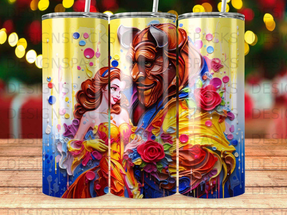 Beauty and the Beast characters with flowers on a yellow tumbler.