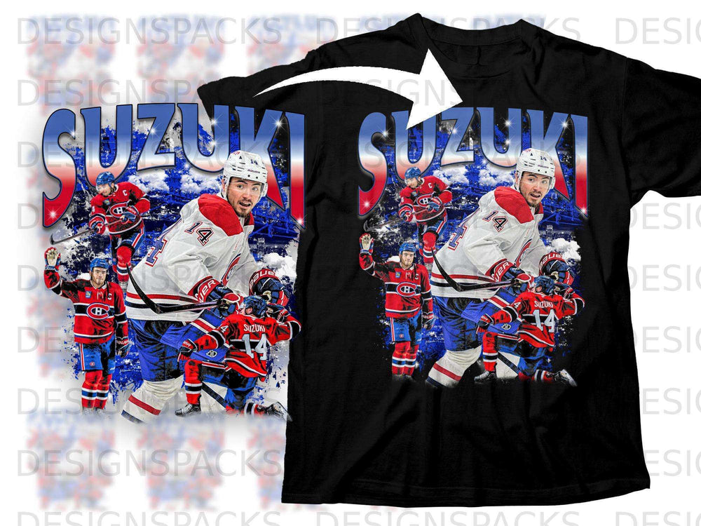 Black t-shirt featuring a hockey player graphic with the name SUZUKI and number 14.